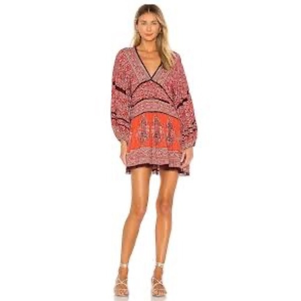 Free People Luna Scarf Print Tunic V-Neck Top Mini Dress Balloon Sleeve Small